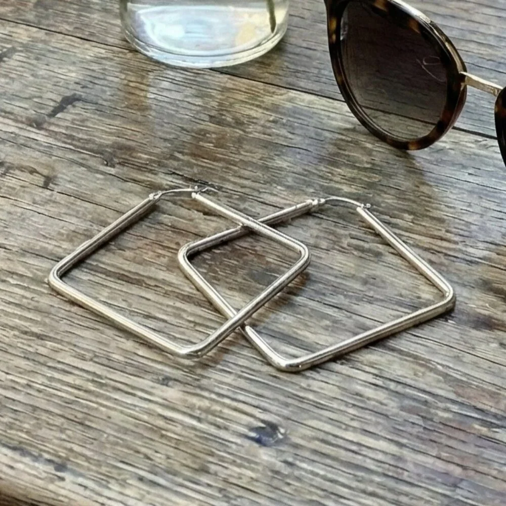 Minimalist Square Hoop Earrings 18K White Gold Plated Stainless Steel Geometric